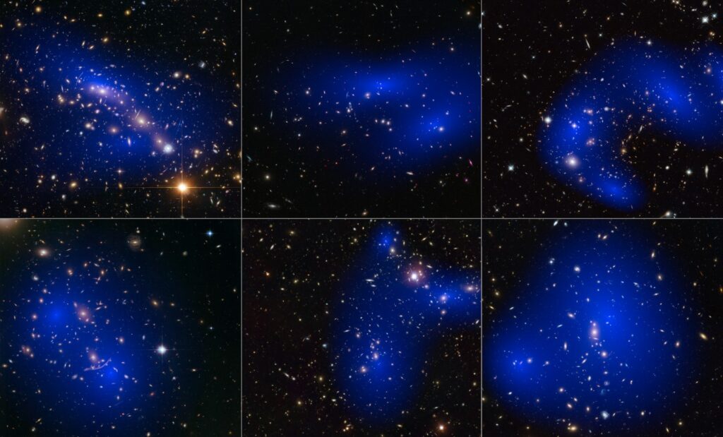 This collage shows NASA/ESA Hubble Space Telescope images of six different galaxy clusters. The clusters were observed in a study of how dark matter in clusters of galaxies behaves when the clusters collide. 