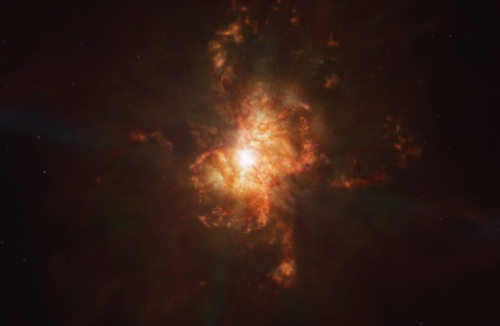 Formation of Southern Crab nebula illustrates its hourglass-shared structure, that has been created by the interaction between a pair of stars at its centre: a red giant and a white dwarf. The red giant is shedding its outer layers in the last phase of its life before it too lives out its final years as a white dwarf. 