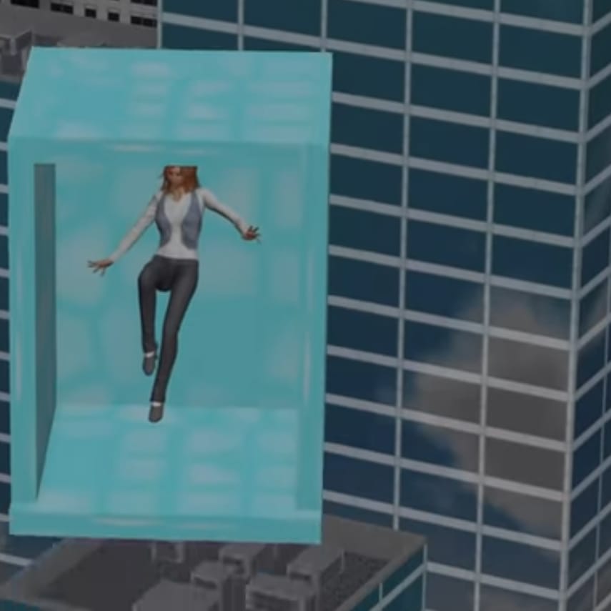 freely falling box with woman inside it due to acceleration due to gravity