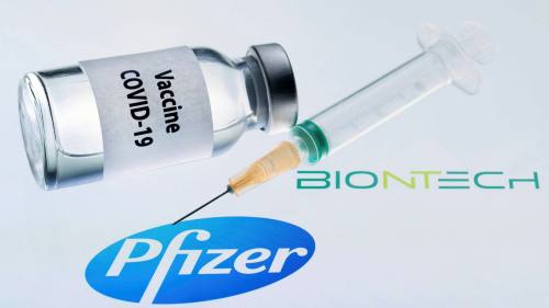 Image of Pfizer and BioNTech's vaccine shot and syringe.