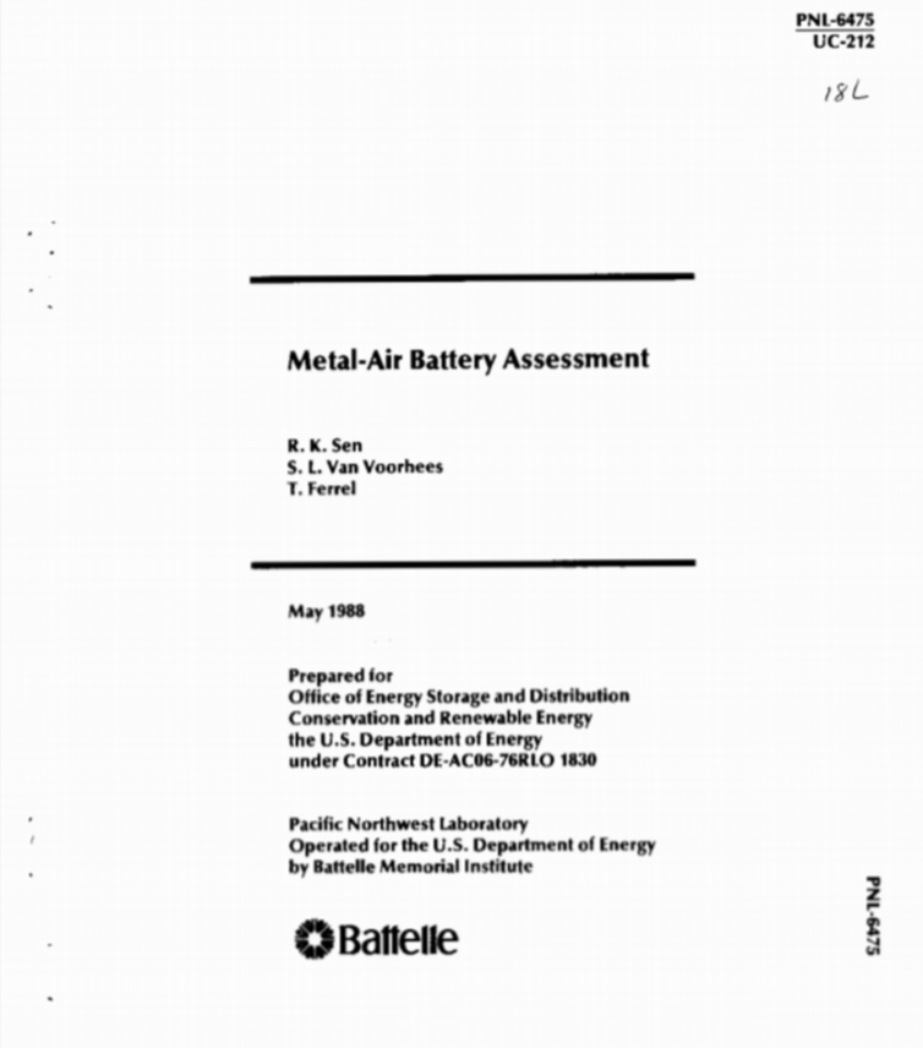 Iron air battery assessment report 1988.