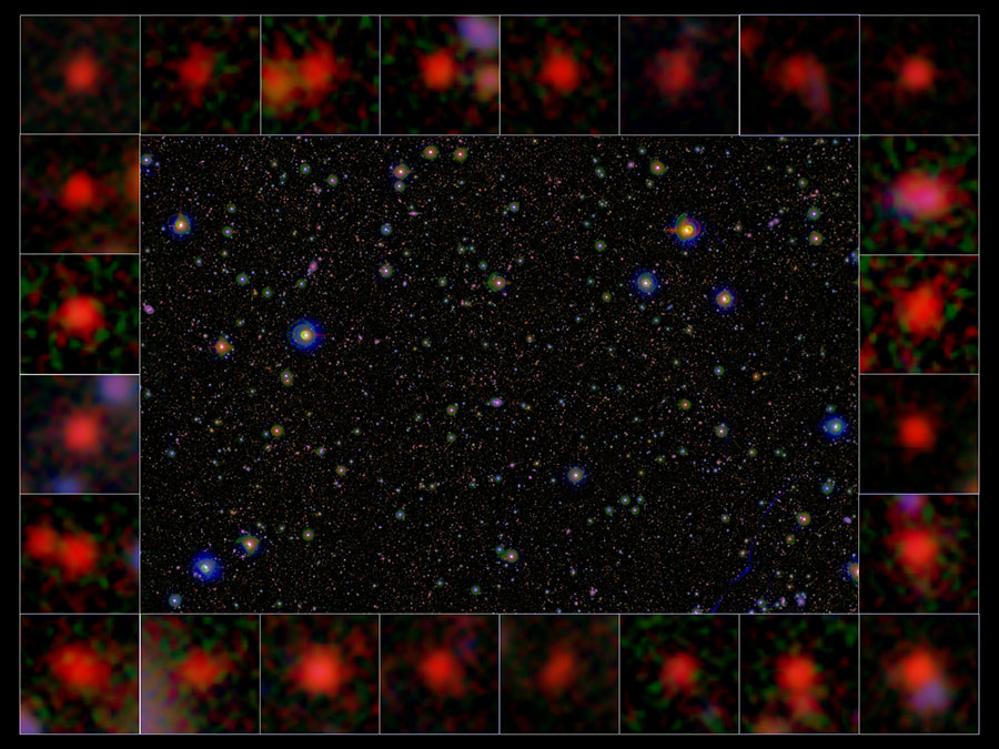 The COSMOS survey region surrounded by images of galaxies used in this study. In these galaxies star formation ceased around 10 billion years ago. Supermassive Black Hole.